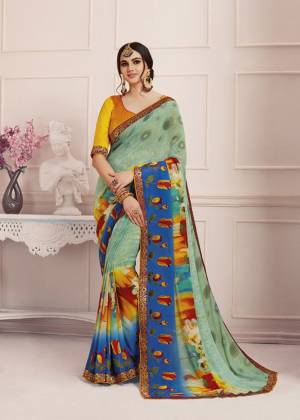 Add This Pretty Saree To Your Wardrobe In Light Green And Royal Blue Color Paired With Contrasting Musturd Yellow Colored Blouse, This Saree Is Fabricated On Georgette Paired With Art Silk Fabricated Blouse. Buy This Saree Now.
