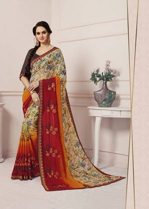 Go Colorful With This Pretty Floral Printed Saree In Multi And Red Color Paired With Brown Colored Blouse. This Saree Is Fabricated on Georgette Paired With Art Silk Fabricated Blouse. It Is Beautified With Prints And Lace Border.