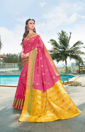 Celebrate This Festive Season With Beauty And Comfort Wearing This Silk Based Saree In Pink Color Paired With Contrasting Yellow Colored Blouse. This Saree And Blouse Are Fabricated On Banarasi Art Silk Beautified With Weave All Over. Buy This Saree Now.