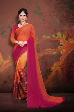 Bright And Appealing Shaded Saree Is Here In Orange And Dark Pink Color Paired With Dark pink And Orange Colored Blouse. This Saree and Blouse Are Georgette Based Which Is Soft Towards Skin And Easy To Carry All Day Long. 