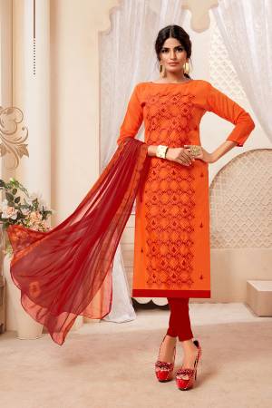 Grab This Pretty Dress Material For Your Casuals Or Semi-Casuals In Orange Colored Top Paired With Contrasting Red Colored Bottom And Dupatta. Its Top IS Fabricated On Modal Silk Paired With Cotton Bottom And Chiffon Fabricated Dupatta.