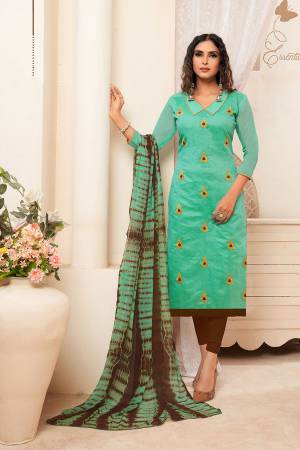 Simple and Elegant Looking Pretty Dress Material Is Here In Sea Green Colored Top Paired With Contrasting Brown Colored Bottom And Shaded Brown & Green Dupatta. Its Top IS Fabricated On Modal Silk Paired With Cotton Bottom And Chiffon Dupatta. All Its Fabric Are Light Weight And Easy To Carry all Day Long. 