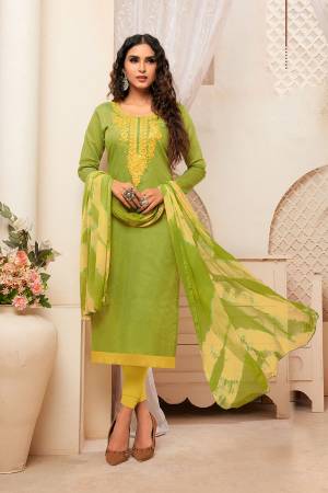 Here Is An Evergreen Combination With This Dress Material In Light Green Colored Top Paired With Light Yellow Colored Bottom And Shaded Green Yellow Colored Dupatta. Its Top Is Modal Silk Based Paired With Cotton Bottom And Chiffon Fabricated Dupatta. 