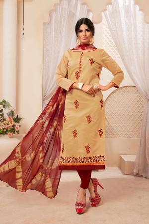 Simple and Elegant Looking Pretty Dress Material Is Here In Beige Colored Top Paired With Contrasting Maroon Colored Bottom And Dupatta. Its Top IS Fabricated On Modal Silk Paired With Cotton Bottom And Chiffon Dupatta. All Its Fabric Are Light Weight And Easy To Carry all Day Long. 