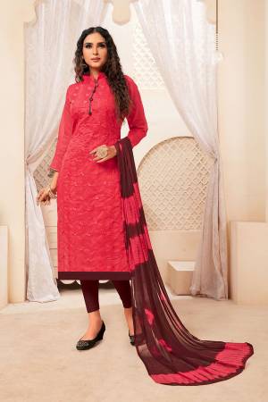 Grab This Pretty Dress Material For Your Casuals Or Semi-Casuals In Dark Pink Colored Top Paired With Contrasting Brown Colored Bottom And Dupatta. Its Top IS Fabricated On Modal Silk Paired With Cotton Bottom And Chiffon Fabricated Dupatta.