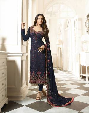 Enhance Your Personality Wearing This Designer Straight Suit In Navy Blue Color. Its Heavy Embroidered Top Is Georgette Based Paired With Santoon Bottom And Georgette Dupatta. Also It Comes A Digital Printed Inner Fabricated On Satin. Buy Now.