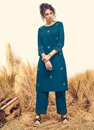 Grab This Beautiful Designer Readymade Kurti Set In Blue Color. This Pretty Kurti And Pant Are Fabricated On Cotton Beautified With Thread Work. It Is Available In All Regular Sizes. Buy Now.