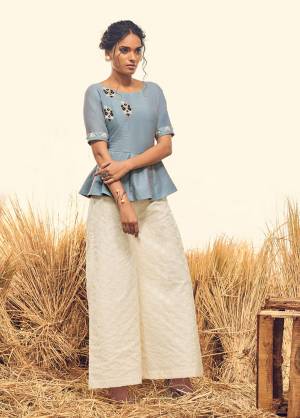 For The Latest Trend And Style, Grab This Readymade Indo-Western Pair In Sky Blue Colored Top Paired With Off White Colored Bottom, Its Top And Bottom Are Fabricated On Soft Silk And Which Ensures Superb Comfort All Day Long. 