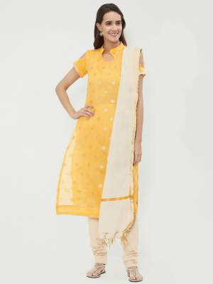 For Casual Wear, Grab This Dress Material In Yellow And Off-White Color and Get This Stitched As Per Your Desired Fit And Comfort. Its Top Is Fabricated On Chanderi Cotton Paired With Cotton Bottom And Dupatta. 