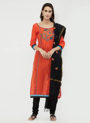 If Those Readymade Suit Does Not Lend You Desired Comfort, Than Grab This Dress Material In Orange And Black Color. Its top Is Fabricated On Chanderi Cotton Paired With Cotton Bottom And Dupatta. Get This Stitched As Per Your Desired Fit And Comfort. Buy Now.