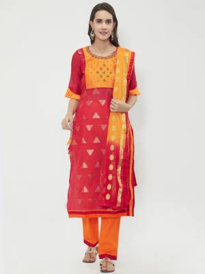 If Those Readymade Suit Does Not Lend You Desired Comfort, Than Grab This Dress Material In Red And Orange Color. Its top Is Fabricated On Chanderi Cotton Paired With Cotton Bottom And Dupatta. Get This Stitched As Per Your Desired Fit And Comfort. Buy Now.
