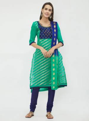 For Casual Wear, Grab This Dress Material In Sea Green And Navy Blue Color and Get This Stitched As Per Your Desired Fit And Comfort. Its Top Is Fabricated On Chanderi Jacquard Paired With Cotton Bottom And Dupatta. 