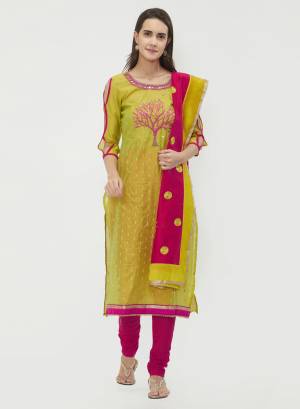 For Casual Wear, Grab This Dress Material In Pear Green And Magenta Pink Color and Get This Stitched As Per Your Desired Fit And Comfort. Its Top Is Fabricated On Chanderi Cotton Paired With Cotton Bottom And Dupatta. 