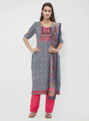 If Those Readymade Suit Does Not Lend You Desired Comfort, Than Grab This Dress Material In Grey And Pink Color. Its top And Bottom Are Fabricated On Cotton Paired With Art Silk Fabricated Dupatta. Get This Stitched As Per Your Desired Fit And Comfort. Buy Now.