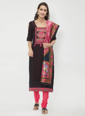 If Those Readymade Suit Does Not Lend You Desired Comfort, Than Grab This Dress Material In Pink And Black Color. Its top And Bottom Are Fabricated On Cotton Paired With Art Silk Fabricated Dupatta. Get This Stitched As Per Your Desired Fit And Comfort. Buy Now.
