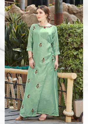 Here Is A Very Beautiful Designer Readymade Kurti In Mint Green Color. It Has Very Pretty And Trendy Color Beautified With Hand Work. Also It IS Light In Weight And Ensures Superb Comfort All Day Long. 