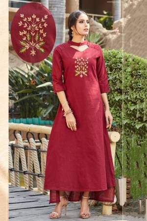 Here Is A Very Beautiful Designer Readymade Kurti In Maroon Color. It Has Very Pretty And Trendy Color Beautified With Hand Work. Also It IS Light In Weight And Ensures Superb Comfort All Day Long. 