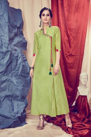 Here Is A Very Beautiful Designer Readymade Kurti In Light Green Color. It Has Very Pretty And Trendy Color Beautified With Hand Work. Also It IS Light In Weight And Ensures Superb Comfort All Day Long. 