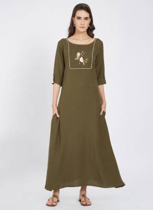 Add Some Casuals, With This Designer Readymade Long Kurti In Olive Green Color Fabricated On Linen. This Kurti Has Pretty Thread Work And Also It Is Light Weight And Easy To Carry All Day Long. 