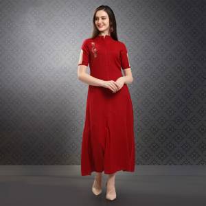 Celebrate This Festive Season With Beauty And Comfort Wearing This Designer Readymade Long Kurti In Red  Color Fabricated On Rayon Blend Beautified With Hand Work. It Is Available In All Regular Sizes. Buy Now.