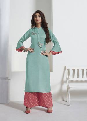 Look Beautiful Wearing This Pretty Color Pallete With This Readymade Designer Kurta With Pants. This Pretty Rayon Based Kurti Is In Sky Blue Color Paired With Contrasting Pink Colored Silk Based Bottom. It Is Beautified With Foil Print And Hand Work. 