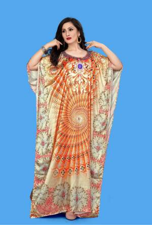 A Must Have Piece To Your Wardrobe Is Here With This Beautiful Readymade Kaftan In Orange Color. This Pretty Kaftan Is Fabricated on Satin beautified With Prints And Stone Work. Also It Is In Free Size Which Ensures Superb Comfort. Buy Now.