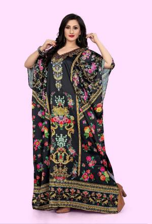 Grab this Very Beautiful Readymade Kaftan In Black Color Fabricated On Satin. It Is Beautified With Prints All Over With Stone Work. It Is Available In Free Size And Its Fabric Is Soft Towards Skin Which Ensures Superb Comfort All Day Long. 