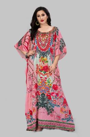 Grab this Very Beautiful Readymade Kaftan In Pink Color Fabricated On Satin. It Is Beautified With Prints All Over With Stone Work. It Is Available In Free Size And Its Fabric Is Soft Towards Skin Which Ensures Superb Comfort All Day Long. 