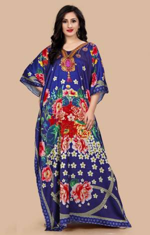 Grab this Very Beautiful Readymade Kaftan In Blue Color Fabricated On Satin. It Is Beautified With Prints All Over With Stone Work. It Is Available In Free Size And Its Fabric Is Soft Towards Skin Which Ensures Superb Comfort All Day Long. 