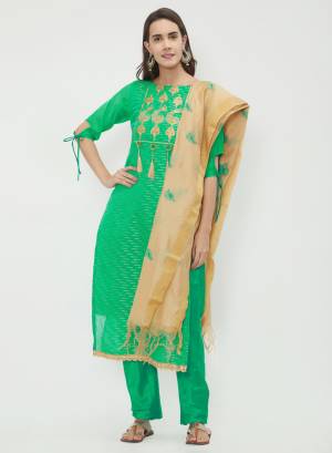For Casual Wear, Grab This Dress Material In Green And Beige?Color and Get This Stitched As Per Your Desired Fit And Comfort. Its Top Is Fabricated On Chanderi Cotton Paired With Santoon Bottom And Chanderi Cotton.Dupatta. Buy Now.