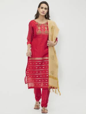 If Those Readymade Suit Does Not Lend You Desired Comfort, Than Grab This Dress Material In Red And Beige Color. Its top Is Fabricated On Chanderi Cotton Paired With Santoon Bottom And Chanderi Cotton Dupatta. Get This Stitched As Per Your Desired Fit And Comfort. Buy Now.