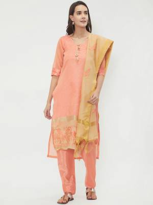 For Casual Wear, Grab This Dress Material In Peach  And Beige?Color and Get This Stitched As Per Your Desired Fit And Comfort. Its Top Is Fabricated On Chanderi Cotton Paired With Santoon Bottom And Chanderi Cotton.Dupatta. Buy Now.