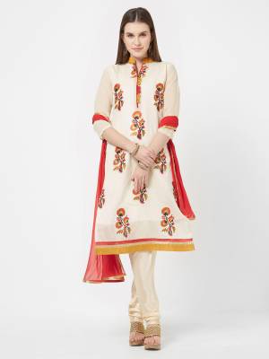 For Casual Wear, Grab This Dress Material In Off-White And Red?Color and Get This Stitched As Per Your Desired Fit And Comfort. Its Top Is Fabricated On Chanderi Cotton Paired With Santoon Bottom And Chiffon.Dupatta. Buy Now.
