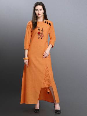 Grab This Designer Asymetric Patterned Readymade Kurti In Orange Color Fabricated On Khadi Cotton Beautified With Thread Work. Its Unique Pattern And Work Will Earn You Lots Of Compliments From Onlookers. 