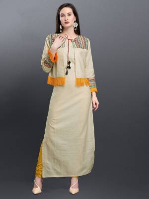 Celebrate This Festive Season With Beauty And Comfort Wearing This Designer Readymade Kurti In Cream Color With Jacket Pattern. Its Jacket Is Beautified With Multi Colored Thread Work Giving It An Attractive Look. 