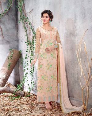 Rich And Elegant LookingHeavy Embroidered Straight Suit Is Here In Light Peach Color. Its Top Is Fabricated On Chinon Paired With Santoon Bottom And Chiffon Fabricated Dupatta. It Is Beautified With Multi Colored Sequence Work and Tone To Tone Thread Work. 