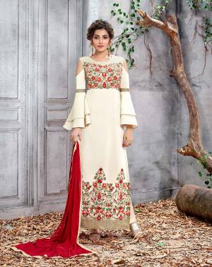 Simple And Elegant Looking Designer Straight Cut Suit Is Here In Off-White Colored Top And Bottom Paired With Red Colored Dupatta. Its Top Is Fabricated On Soft Silk Paired With Santoon Bottom And Chiffon Fabricated Dupatta. It Is Beautified With Multi Colored Thread Work Giving It An Attractive Look.