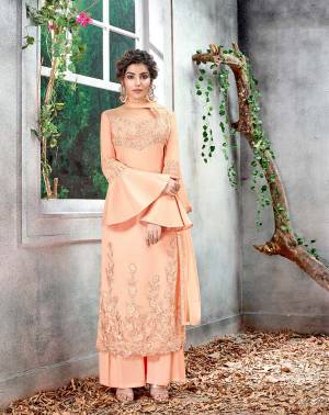 Get Ready For The Upcoming Festive And Wedding Season With This Designer Straight Cut Suit In Peach Color Paired With Peach Colored Bottom And Dupatta. Its Pretty Top With Subtle Embroidery Is Fabricated On Soft Silk Paired With Santoon Bottom And Chiffon Fabricated Dupatta. 