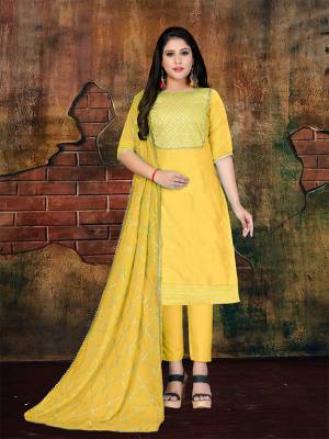If Those Readymade Suit Does Not Lend You The Desired Comfort Than Grab This Pretty Dress Material In Yellow Color And Get This Stitched as Per Your Desired Fit And Comfort. Its Top Is Fabricated On Art Silk Paired With Santoon Bottom And Chiffon Fabricated Dupatta. Its Top And Dupatta Are Beautified With Gota Patti Work Which Gives An Attractive Look To The Suit. 
