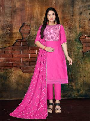 Here Is A Very Pretty Dress Material For Your Semi-Casual Wear In Rani Pink. This Dress Material Is Silk Based Paired With Santoon Bottom And Chiffon Fabricated Dupatta. Get This Stitched As Per Your Desired Fit And Comfort. Buy Now.