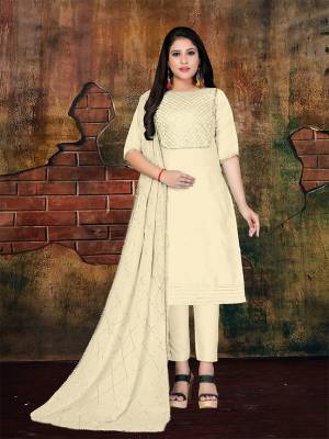 If Those Readymade Suit Does Not Lend You The Desired Comfort Than Grab This Pretty Dress Material In Cream Color And Get This Stitched as Per Your Desired Fit And Comfort. Its Top Is Fabricated On Art Silk Paired With Santoon Bottom And Chiffon Fabricated Dupatta. Its Top And Dupatta Are Beautified With Gota Patti Work Which Gives An Attractive Look To The Suit. 