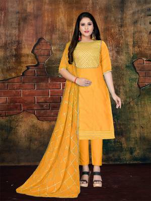 Here Is A Very Pretty Dress Material For Your Semi-Casual Wear In Musturd Yellow. This Dress Material Is Silk Based Paired With Santoon Bottom And Chiffon Fabricated Dupatta. Get This Stitched As Per Your Desired Fit And Comfort. Buy Now.