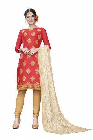 This Festive Season, Adorn A Rich, Simple And Elegant Look With This Dress Material In Orange Dark Grey Colored Top Paired With Beige Colored Bottom And Cream Colored Dupatta. This Dress Material Is Cotton Based Beautified With Jari Embroidered Butti. Get This Stitched As Per Your Desired Fit And Comfort. 