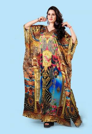Grab this Very Beautiful Readymade Kaftan In Multi Color?Fabricated On Satin. It Is Beautified With Prints All Over With Stone Work. It Is Available In Free Size And Its Fabric Is Soft Towards Skin Which Ensures Superb Comfort All Day Long.