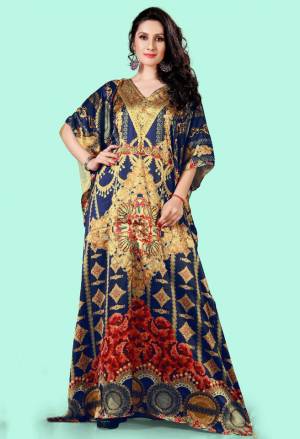 A Must Have Piece To Your Wardrobe Is Here With This Beautiful Readymade Kaftan In Navy Blue Color. This Pretty Kaftan Is Fabricated on Satin beautified With Prints And Stone Work. Also It Is In Free Size Which Ensures Superb Comfort. Buy Now