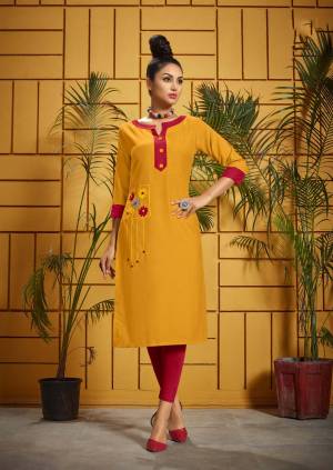Add Some Semi-Casuals To Your Wardrobe With This Reaydmade Kurti In Musturd Yellow Color Fabricated On Rayon. This Kurti Is Beautified With Thread Work. Buy Now.