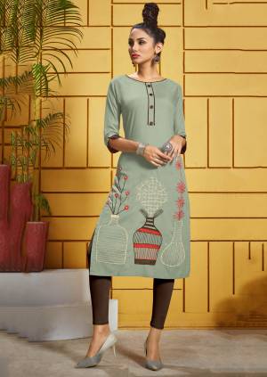 Simple And Elegant Looking Readymade Kurti In Grey Color Fabricated On Rayon. It Is Beautified With Pretty Minimal Thread Work And Available In All Regular Sizes.