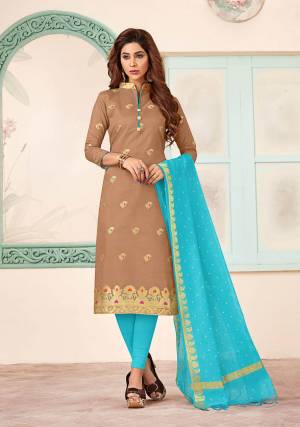Simple and Elegant Looking Dress Material Is Here For Your Casual Or Semi-Casual wear In Brown Colored Top Paired With Sky Blue Colored Bottom And Dupatta. Get This Silk Based Dress Material Stitched As Per Your Desired Fit And Comfort. 