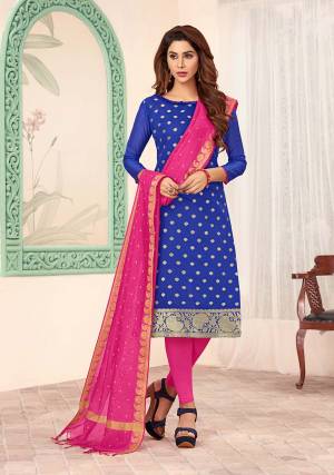 Grab This Very Beautiful Designer Straight Suit In Royal Blue Colored Top Paired With Contrasting Rani Pink Colored Bottom And Dupatta. Its Top IS Fabricated On Art Silk Paired With Cotton Bottom And Banarasi Jacquard Dupatta. Buy This Dress Material Now.