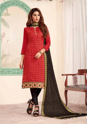 Grab This Very Beautiful Designer Straight Suit In Red Colored Top Paired With Black Colored Bottom And Dupatta. Its Top IS Fabricated On Art Silk Paired With Cotton Bottom And Banarasi Jacquard Dupatta. Buy This Dress Material Now.